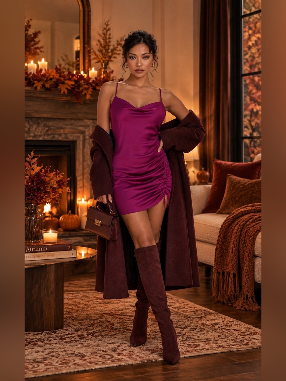 🛍️ LOVELY DAY burgundy Satin pleated spaghetti strap, mini evening dress medium